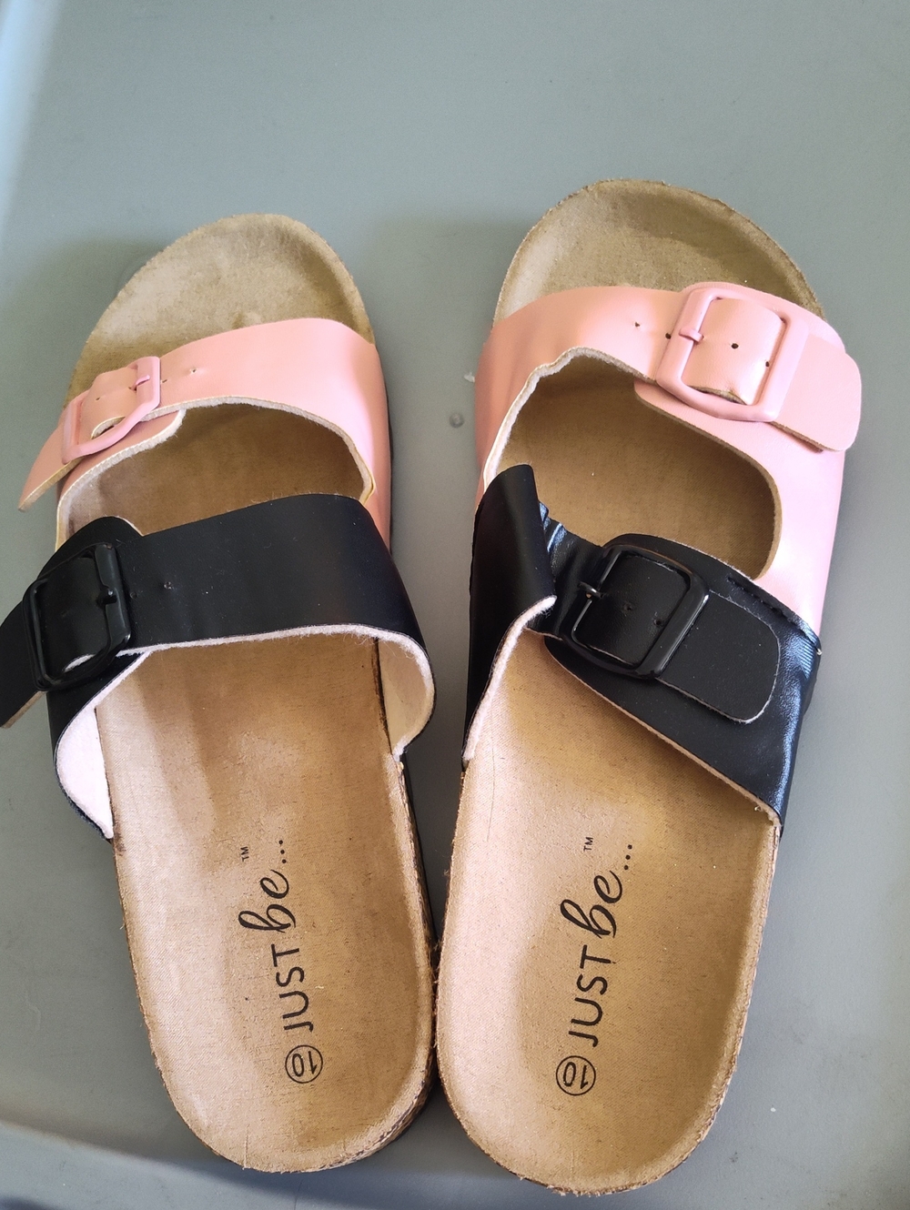 just be Pink and Black Two-Band Buckle Slide Sandals